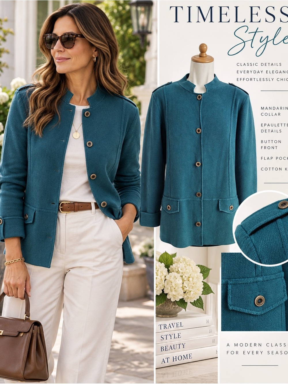 Women’s Teal Cotton Knit Jacket‎ XL Mandarin Collar Military Epaulet Mod Preppy